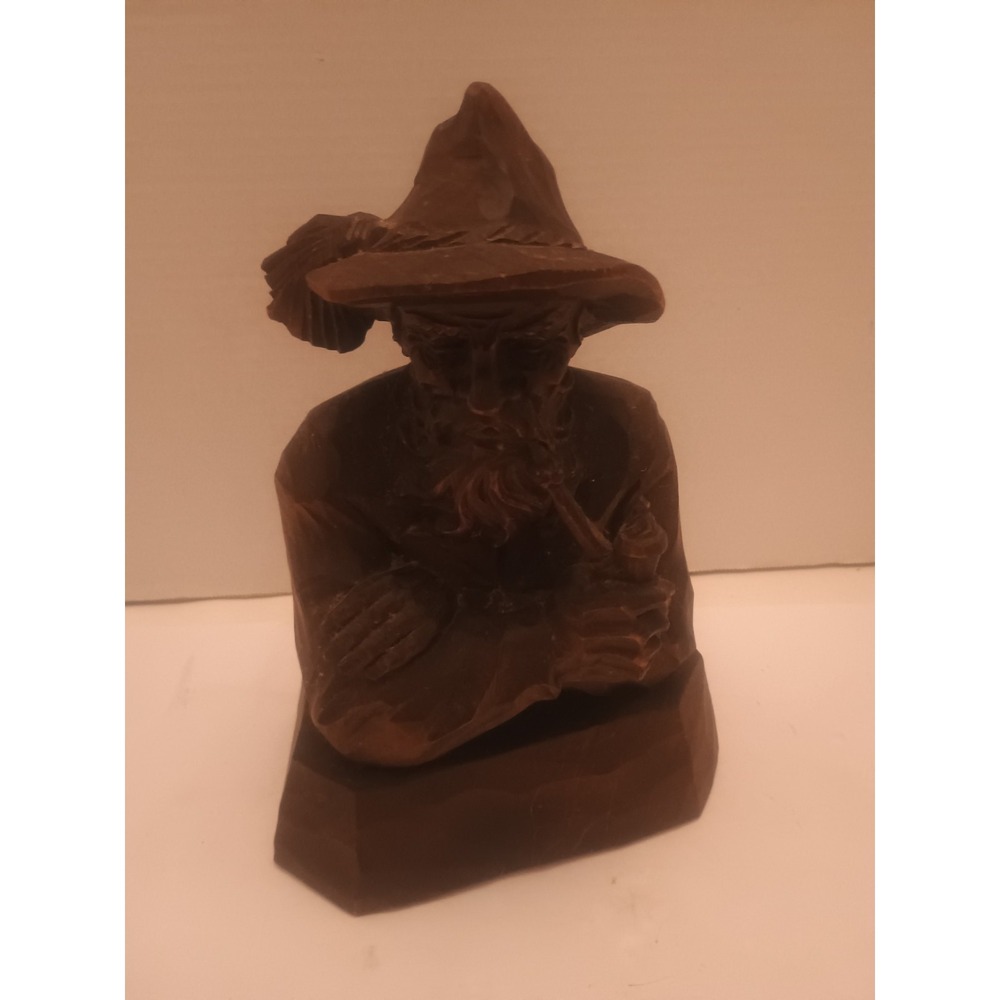 Vintage Folk Art Wood Carving Old Man Smoking Pipe Rustic